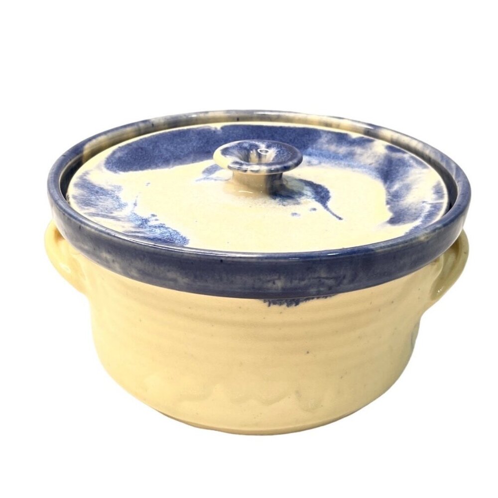 Handmade Ceramic Blue & Cream Stoneware Casserole Dish With Lid 8" Diameter - Picture 2 of 10